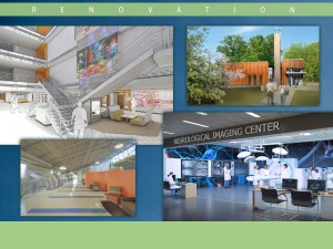 Graphic showing artist renderings of the Russ atrium refurbishment, the new NEC building and the new Campus Ministry building