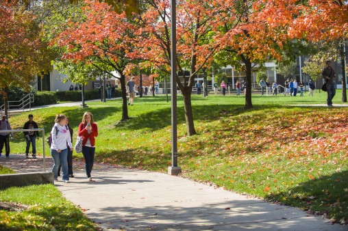 Wright State students walk across the university's Dayton Campus.