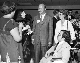 Pat Marx (at left), then Director of Wright State's Office of Disability Services speaking with Robert Kegerreis (middle), Wright State University's second president and Jeff Vernooy (at right), Wright State's current Director of Disability Services at the first National Conference of Disability Service Providers held at Wright State in 1977.