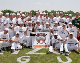 Photo of full team posing with Horizon League trophy.