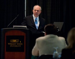 Photo of Matthew Filipic, Senior VP for Business and Fiscal Affairs briefing the Wright State Board of Trustees and hundreds more from the campus community.