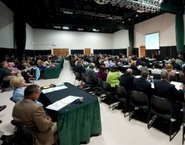 Photo of large crowd in the student union Apollo room for the Wright State budget presentation for fiscal year 2012.