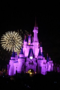 Photo of Cinderella's Castle lit purple with yellow fireworks.