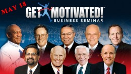 Photo of advertisement for the Get Motivated seminar with head shots of all speakers involved.
