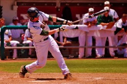 Photo of a Wright State player swinging at a pitch. The Raiders played two games in the NCAA regional but failed to score a run.
