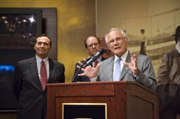 Photo of President David R. Hopkins, Wright State University; Senator Chris Widener, Ohio 10th District; Chancellor Jim Petro, Ohio Board of Regents at the Monday, July 18 news conference.