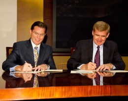 Photo of David H. Devier, vice president of academic and student affairs at Clark State and Wright State Provost Steven Angle.