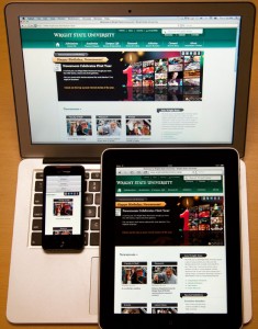 Photo of the Wright State homepage on three different devices