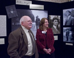 Tom D. Crouch, Ph.D., and Dawne Dewey, head of Wright State Special Collections and Archives, discuss Wilbur Wright at Aviation Trail's annual Celebration of Powered Flight dinner on Dec. 17, 2011.