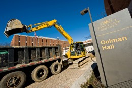 Photo of construction equipment in front of Oelman Hall.