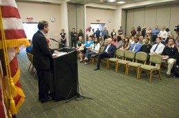 Photo of U.S. Senator from Ohio Sherrod Brown speaking at Wright State University.