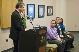 Photo of U.S. Senator Sherrod Brown and three Wright State University students who also spoke at the news conference.