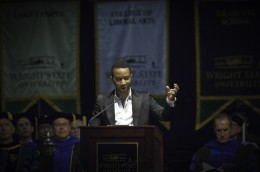 Photo of John Legend speaking at Wright State's Freshman Convocation 2012.