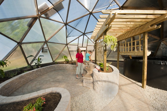 Photo of the inside of Mini University at Wright State University's new learning space-a geodesic greenhouse.