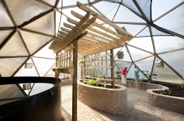 Photo of the inside of Mini University at Wright State University's new learning space–a geodesic greenhouse.