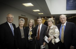 (L-R) Wright State President David R. Hopkins, Mary Bess Mulhollan, Angelia Hopkins, Paige Mulhollan Jr., Brenda Rinzler and Allan Rinzler pose for a picture before the memorial service for Paige E. Mulhollan