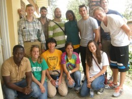 Photo of Dr. Sylvia Gleason (yellow shirt) and the students and professor who traveled with her to help.