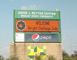 Photo of the Wright State Universirty Nutter Center marquee advertisiing a Wright Challenge judo tournament.