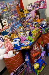 Photo of toy donations for the Christmas for Kids toy drive at Wright State.
