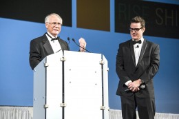 Wright State University President David R. Hopkins at the podium, master of ceremonies wright state graduate and television actor Eddie McClintock ('91) at right.