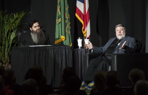 Anderson (left) listens as Wozniak shared stories of the early days of Apple, as well as his struggles and successes in the pursuit of innovation with his partner, Steve Jobs.