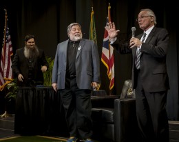 (L-R) Mark Anderson, director of web development and strategy at Wright State; Apple co-founder Steve Wozniak and Wright State University President David R. Hopkins on stage for the Presidential lecture Series with Wozniak.