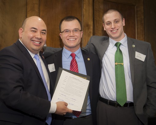 (L-R) Ohio House Speaker Cliff Rosenburger received the resolution from President of Student Government Kyle Powell and Rob Yada, student government associate of governmental affairs.