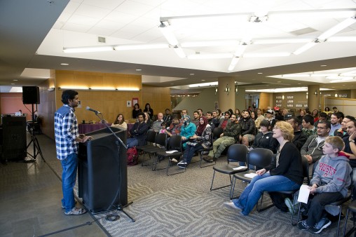 The poetry, which was read April 3 in the atrium of Millett Hall, drew a crowd of about 75.