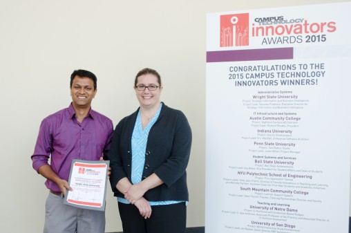 Sasanka Prabhala, executive director for strategic information and business intelligence received the award from Rhea Kelly, executive editor of "Campus Technology" in Boston.