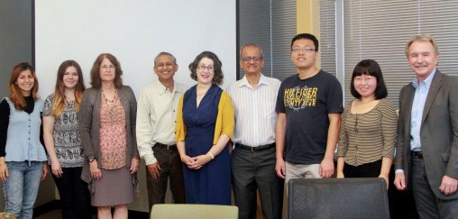 Researchers at Wright State's Kno.e.sis center are developing computer technology to analyze social media posts to identify and reduce cyberbullying. The team includes, from left: Monireh Ebrahimi, Kathleen Wylds, Debra Steele-Johnson, Amit Sheth, Valerie Shalin, T.K. Prasad, Wenbo Wang, Lu Chen and Jack Dustin.
