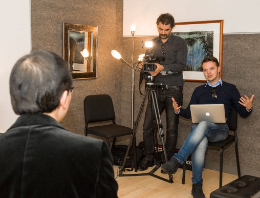 Emir Ibiahimoviç and Haris Bilaloviç interviewed Wright State faculty members, including music professor Jackson Leung, for a Bosnian television program commemorating the 20th anniversary of the Dayton Peace Accords. (Photo by Erin Pence)