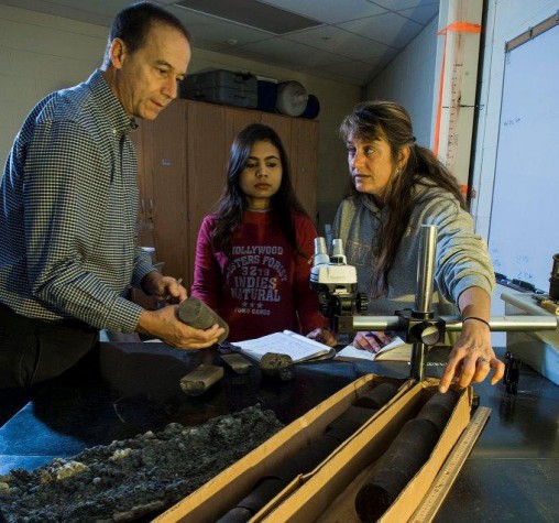 From left: David Dominic, chair of the Department of Earth and Environmental Sciences, and graduate student researchers Ritu Ghose and Jami Moore are part of a Wright State team investigating the effectiveness of trapping greenhouse gases underground. (Photo by Erin Pence)