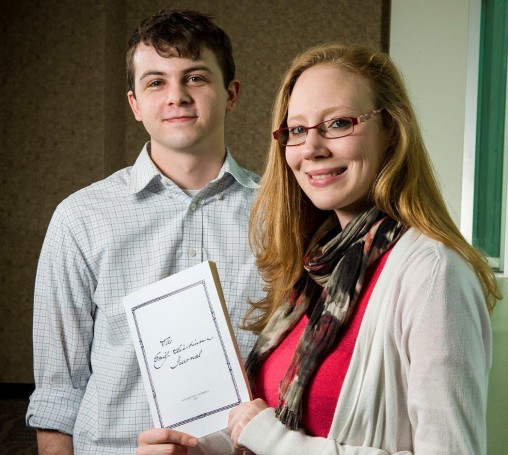 Graduate English students Sebastian Williams, left, and Sonora Humphreys serve as managing editors of “The Emily Dickinson Journal,” which is published by Wright State's Department of English Language and Literatures. (Photos by Erin Pence)