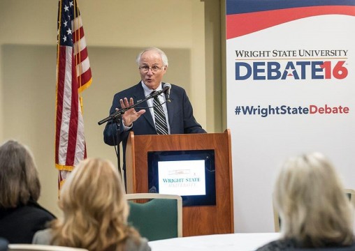 Wright State President David R. Hopkins briefed elected officials and community leaders on the university's presidential debate preparations on Feb. 8. (Photo by Will Jones)