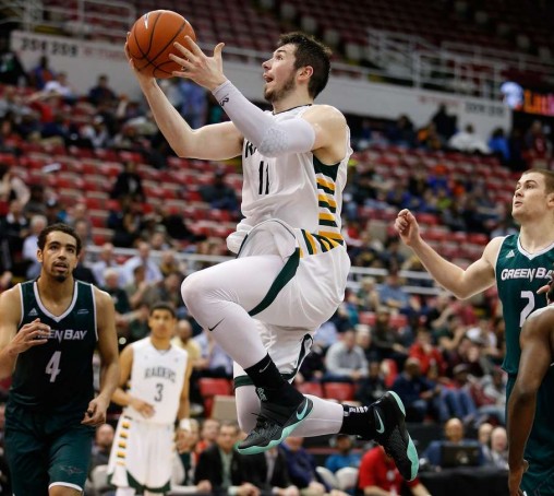 JT Yoho flies to the basket during the Raiders loss to Green Bay in the Horizon League Championship game at Joe Louis Arena on March 8 in Detroit.