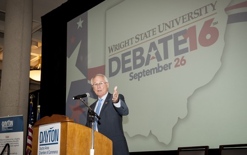 During the Dayton Area Chamber of Commerce’s 2016 Annual Meeting, Wright State University President David R. Hopkins gave an updated about the presidential debate Wright State will host on Sept. 26. (Photos by Will Jones)
