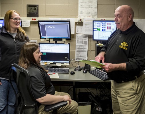 Wright State and the Police Department recognize Emergency Communication Center staff during National Public Safety Telecommunicators Appreciation Week. Pictured are, from left, Angie Harkins, communications dispatcher, Jennifer Carsner, communications operator, and Bob Stallsworth, Emergency Communications Center supervisor. Photo by Will Jones.