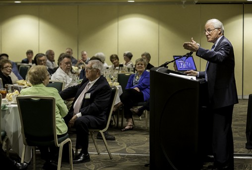 Wright State President David R. Hopkinsspoke to former faculty and staff members May 7 during the annual Wright State University Retirees Association Luncheon.