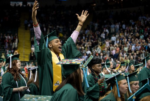 Wright State University's class of 2016, including Joe Thomasson, celebrated during the spring commencement ceremony April 30 in the Nutter Center. (Photos by Will Jones and Erin Pence)