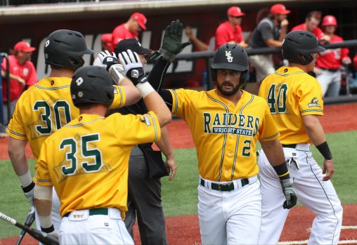 Outfielders Ryan Fucci (2) and JD Orr (35) were named to the All-Tournament Team. The Raiders went 2-2 in the Louisville Regional, losing to the tournament host Cardinals in the finals. (Photos by Michael DaZarn/NCAA)