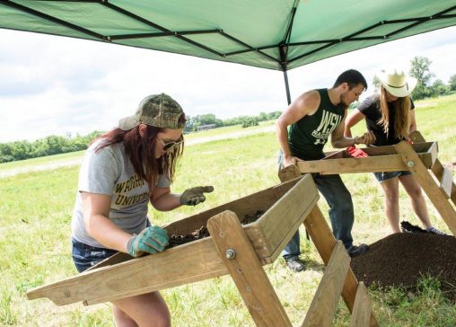 Wright State students sift soil looking for artifacts as part of a dig at the site of the Battle of Piqua. Organized by archaeologist Lance Greene, the excavation is part of a program that investigates the archaeology and history of Shawnee settlements in Ohio. (Photos by Erin Pence)