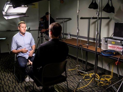 “CBS Sunday Morning” correspondent Luke Burbank interviewing Christopher Oldstone-Moore in Millett Hall.