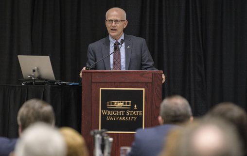 Jeff Ulliman, vice president for business and finance and chief financial officer, presented Wright State's fiscal year 2017 budget in the Student Union Apollo Room on June 2. (Photo by Erin Pence)