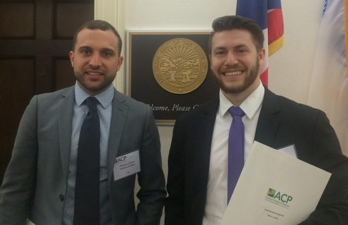 Nick Christian, left, and Jensen Kolaczko met with legislative aides to discuss opioid epidemic and limits on graduate medical education funding.