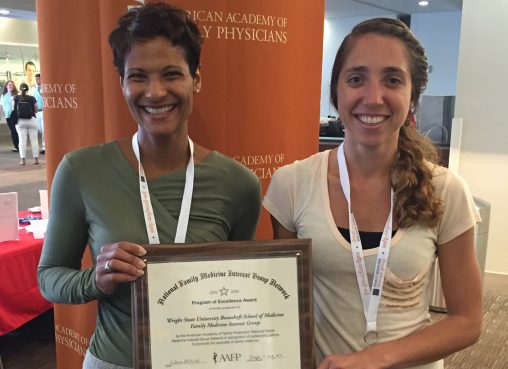 The Boonshoft School of Medicine Family Medicine Interest Group was one of 17 such groups at medical schools nationwide recognized by the American Academy of Family Physicians as a 2016 Program of Excellence Award winner. Nicole Y. Turkson, left, assistant professor of family medicine, and Lauren Gunderman, medical student, accepted the award at the AAFP National Conference of Family Medicine Residents and Medical Students in Kansas City. 