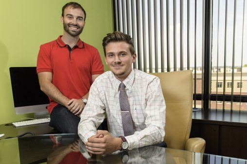 Jordan Roe, technology acceleration project manager for The Entrepreneurs Center, left, and Wright State graduate student Isaac Knapp are working together to launch The Entrepreneur Club at Wright State. (Photo by Erin Pence)