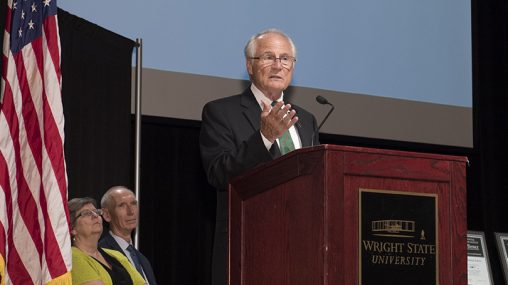 Wright State President David R. Hopkins discussed the State of the University and honors faculty for excellent work during the annual University Convocation. (Photo by Will Jones)
