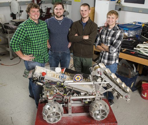 From left: Wright State Robotics Club members Mike Wagner, Tyler Doerman, Brian Shivers and Ryan Hendrickson (along with Logan Rickert, not pictured) will participate in the NASA Robotic Mining Competition at the Kennedy Space Center. (Photo by Chris Snyder)