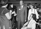 Pat Marx (at left), then Director of Wright State's Office of Disability Services speaking with Robert Kegerreis (middle), Wright State University's second president and Jeff Vernooy (at right), Wright State's current Director of Disability Services at the first National Conference of Disability Service Providers held at Wright State in 1977.