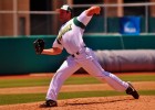 Photo of a Wright State player pitching in Wright State's second game at the NCAA regional in Texas against the University of Arizona.